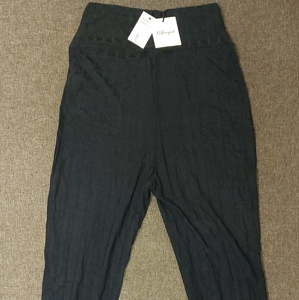 Revamped Women's High Waisted Ribbed Knit Leggings Yoga Pants Lounge Black S/P